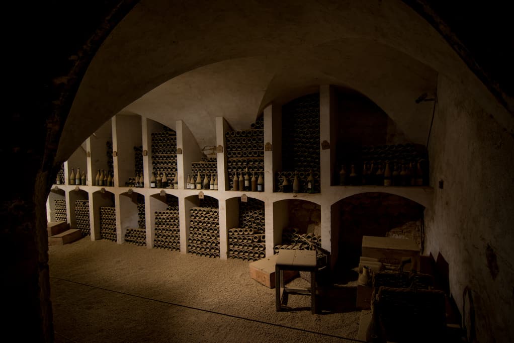 Weinlagerung: Weinkeller mit Weinflaschen an der Wand gestapelt