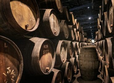 Weinlagerung: Weinfässer in dunklem Keller